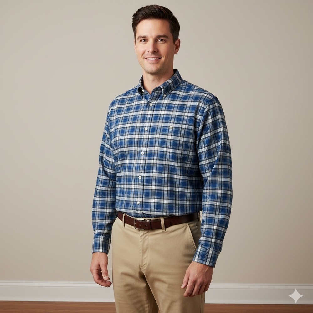 Lands End Men Traditional Fit Supima No Iron Long Sleeve Plaid Button Down Shirt